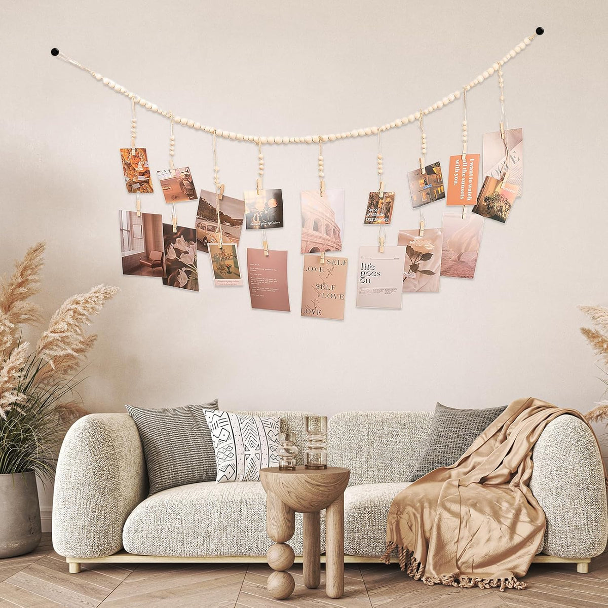 Skiennix Hanging Photo Display - 18 Wooden Clips | Boho Wall Décor for Bedroom & Living Room