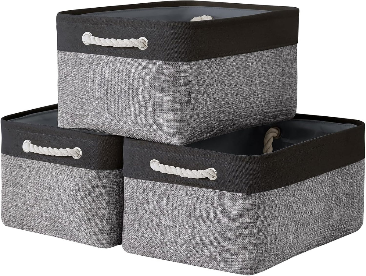 TheWarmHome Collapsible Storage Bins - Large 3-Pack Fabric Organizers with Rope | 16x12x8 Inch (Black & Grey)