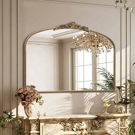 Micasso Large Vintage Gold Mirror: 48"x33" French Baroque Antique Arched Mirror - Traditional Ornate Decorative for Wall/Fireplace/Mantel/Entryway/Bathroom/Hallway - Home Decor for Living Room