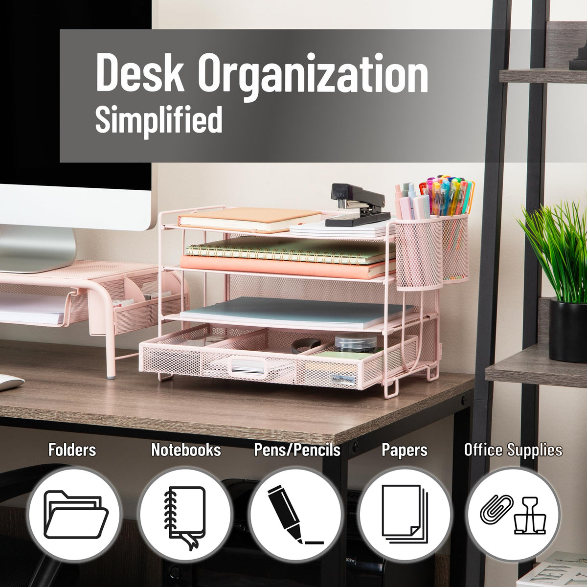 Mind Reader Mesh Desk Organizer, 3 Trays, 1 Drawer, 2 Pen Holders, Office Desktop Organizer, Metal Mesh, Pink