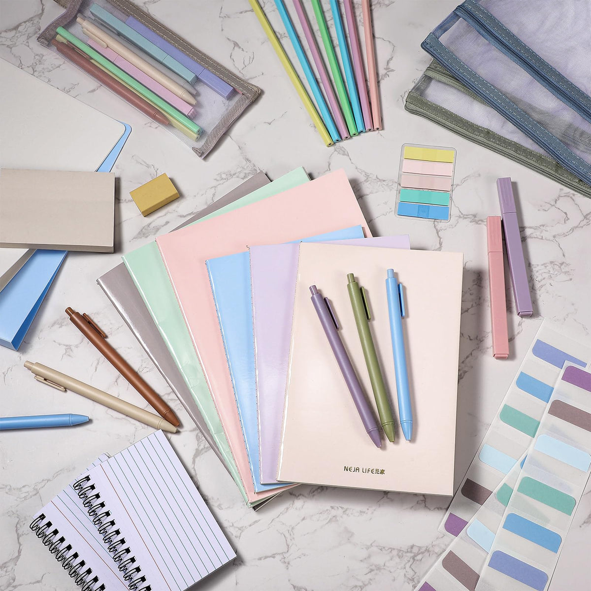 Colarr 54 Pcs Cute Notebook Stationery Set for Women, Bible Study Supplies, 6 Lined Notebooks, 36 Pens, Sticky Notes & Tabs, Bags & Folders for Work Journal Study College Office Supply(Morandi)