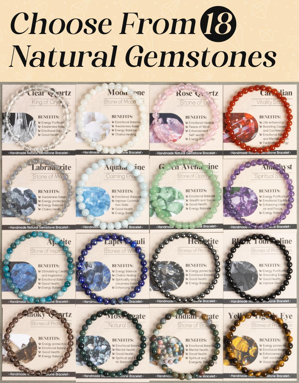 Landorilo Beaded Bracelet for Men Women, 6mm Natural Stone Amethyst Healing Crystal Stretch Bracelets, Ideal Christmas Birthday Jewelry Gifts with Energy Card，Replacement Beads Included
