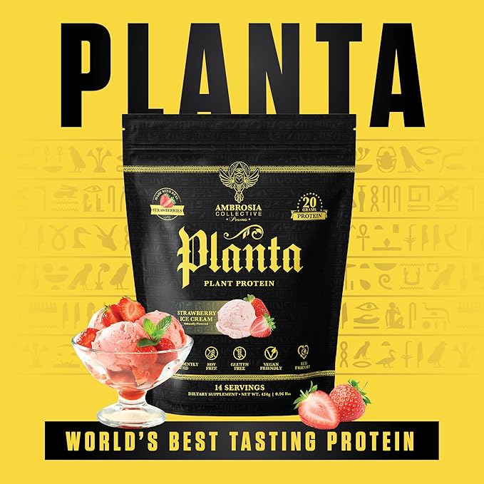 Ambrosia Planta - Premium Plant-Based Protein | Vegan & Keto Friendly | Gourmet Flavors with No Bloating or Stomach Upset | No Added Sugar | 14 Servings | (Strawberry Ice Cream)
