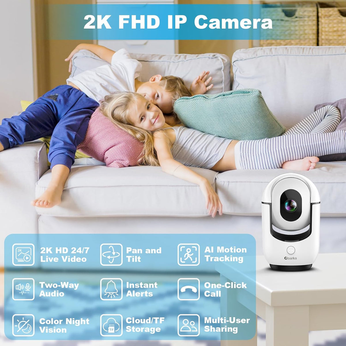 Cloarks 2K 2-Way 24/7, 2 Pack Pan/Tilt Security Camera, WiFi Indoor Cameras for Home Security with AI Motion Detection