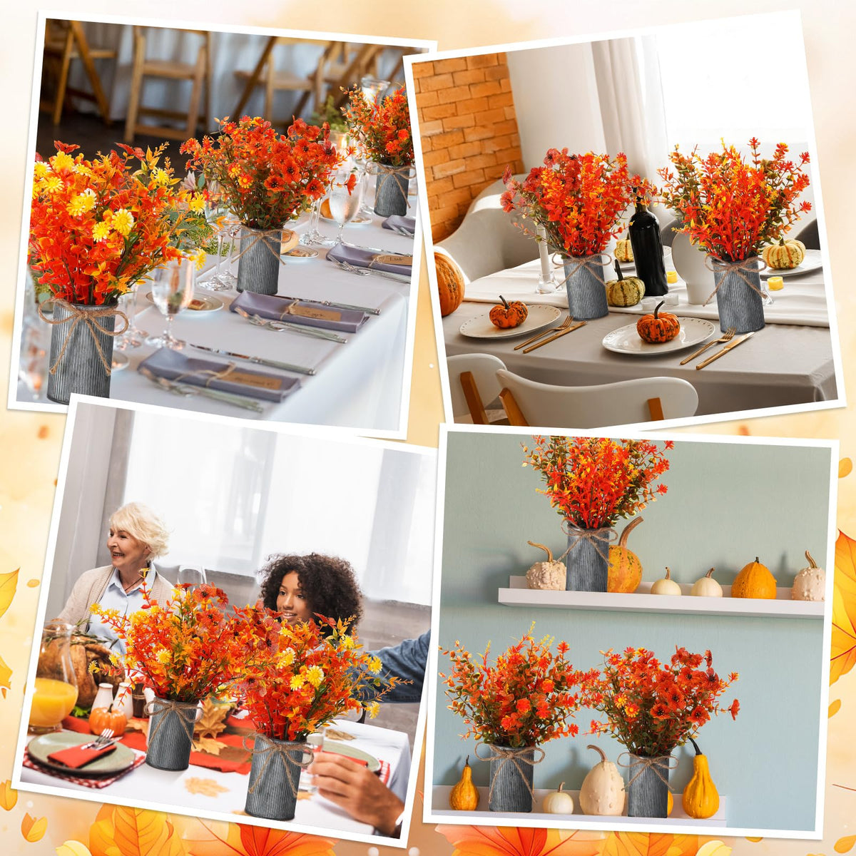Zeyune 6 Sets Artificial Fall Thanksgiving Centerpiece for Tables Faux Fall Plants with Galvanized Pots Farmhouse Artificial Orange Autumn Flowers Bouquet for Wedding Home Office Rustic Decor