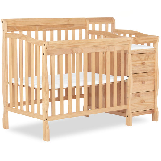 Dream On Me Jayden 4‑in‑1 Mini Convertible Baby Crib & Changer with Storage in Natural, Pinewood, GreenGuard Gold & BSA, 1” Mattress Pad, 3 Mattress Heights, Converts to Mini Day & Twin-Size Bed