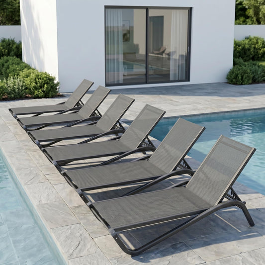 Patio Kingdom Patio Chaise Lounge Chairs Set of 6, All-Weather Aluminum Pool Loungers for Outside, 5-Position Adjustable Sunbathing Chairs for Tanning, Stackable for Backyard, Poolside, Grey