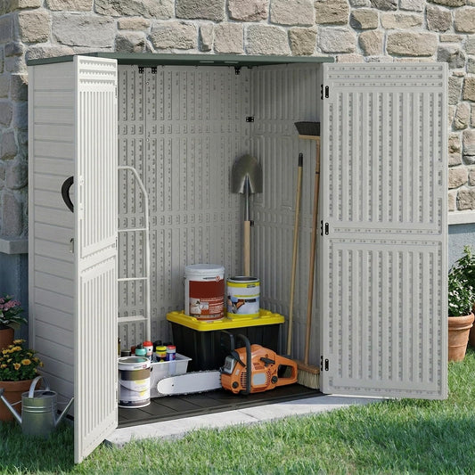 EHHLY Vertical Resin Storage Shed, 60 Cuft Garden Tool Sheds & Outdoor Storage, Plastic Outdoor Storage Cabinet Waterproof, 4.5 x 2.3 ft Backyard Outside Lawn Mower Storage Shed, Light Grey