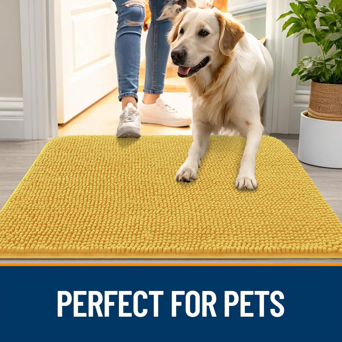 OLANLY Dog Door Mat - Absorbent Non-Slip Washable Doormat for Muddy Paws | 70x32 Yellow Chenille Carpet