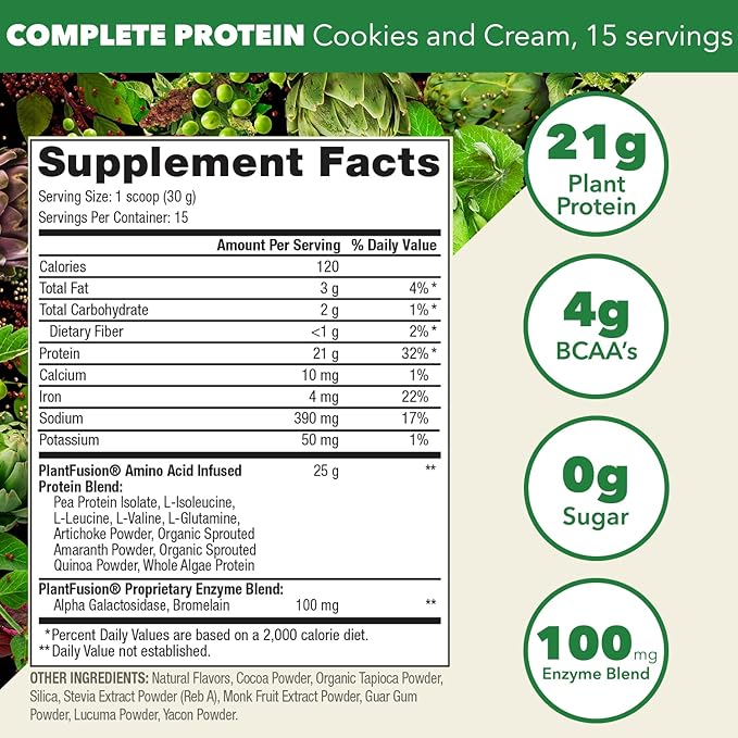 PlantFusion Complete Vegan Protein Powder - Plant Based Protein Powder With BCAAs, Digestive Enzymes and Pea Protein - Keto, Gluten Free, Soy Free, Non-Dairy, No Sugar, Non-GMO - Cookies & Cream 1 lb