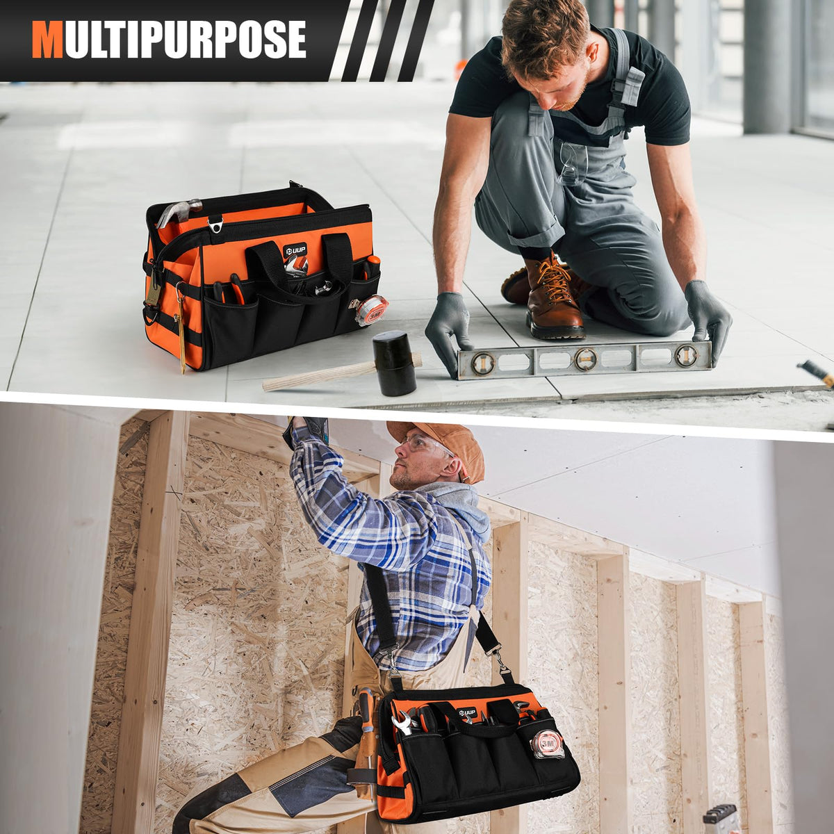 UUP Heavy Duty Tool Bag 15-Inch, 16-Pocket Portable Soft Tool Box Organizer Storage, Handle Tactical Carry Tote Empty Toolbox with Large Zipper, Father Day Dad Men Gift for Mechanic Engineer, Orange