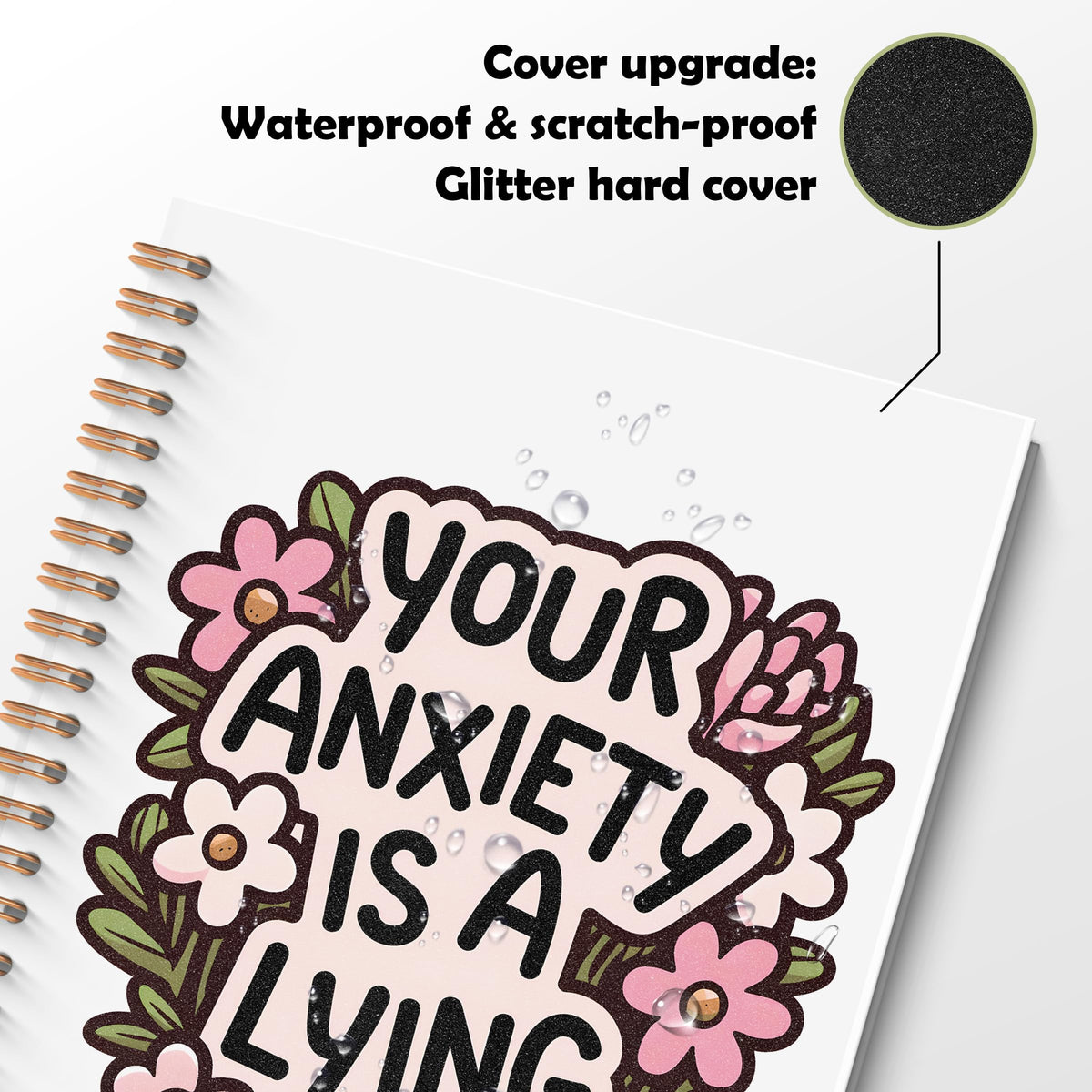 ROXMART Floral Mental Health Glitter Spiral Notebook, Anxiety Journal for women, Anti Anxiety Mental Health Gifts, Funny Psychology Positive Hardcover Notebook Journal, 5.5x8.3 Inch