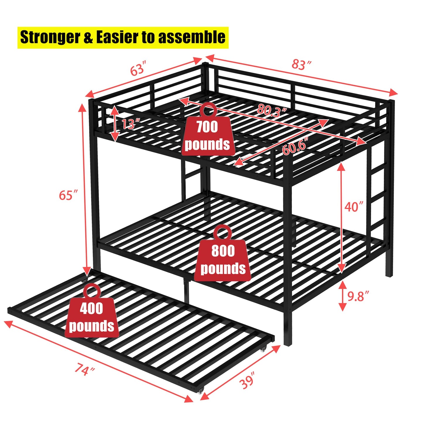 NOAHLEO Stronger & Safer Heavy Duty Metal Queen Over Queen Size Bunk Bed for Adults Teens, More Stable Thickened Steel Bunkbed (Queen Over Queen with Twin Trundle)