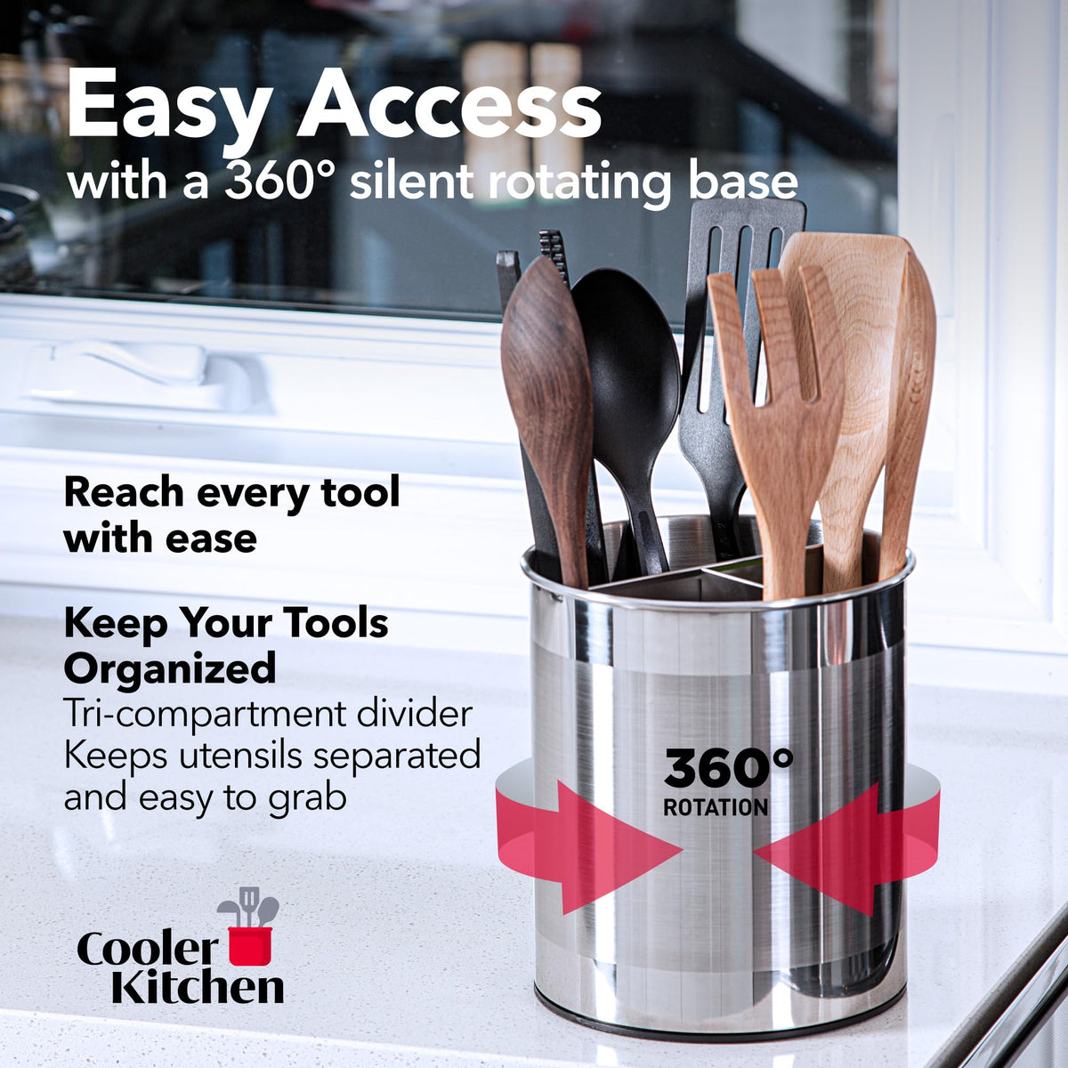 Cooler Kitchen Rotating Extra Large Stainless Steel Utensil Holder Caddy with Sturdy No-Tip Weighted Base, Removable Divider, and Gripped Insert Bottom -Dishwasher Safe Metal Cooking Utensil Holder