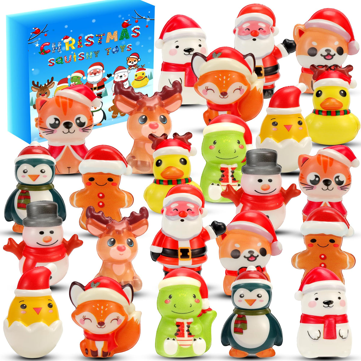 24PCS Christmas Squishy for Party Favors Gifts, Stress Relief Toys for Goodie Bags Pinata Fillers, Stocking Stuffer for Kids, Treasure Box Carnival for Prizes Rewards, Fidget Squeeze Advent Calendar