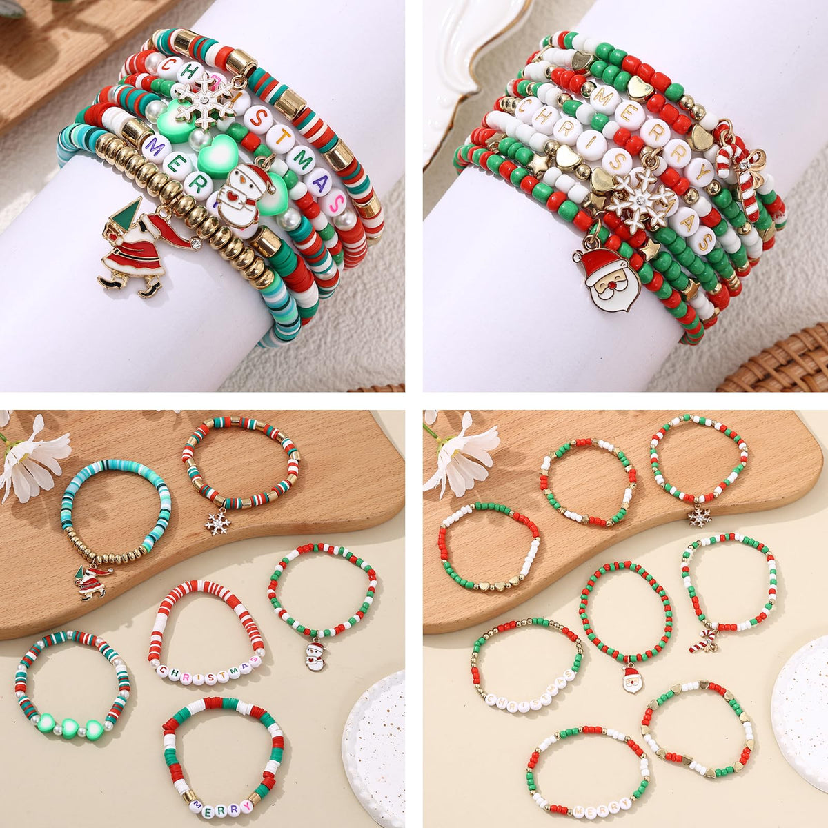 Cooluckday 36Pcs Christmas Bracelets Bulk Christmas Gifts for Women Friendship Bracelets Xmas Snowflake Snowman Bell Santa Claus Bracelets Stretch Bracelets as Party Gifts Bag Filler