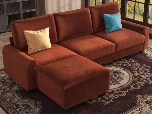 EASE MOOSE Large Seat Velvet L-Shaped Sofa, Soft 4 Seat Couch with Reversible Chaise, Comfy Sectional Modular Sofa with Removable Washable Covers for Living Room and Small Space, Caramel