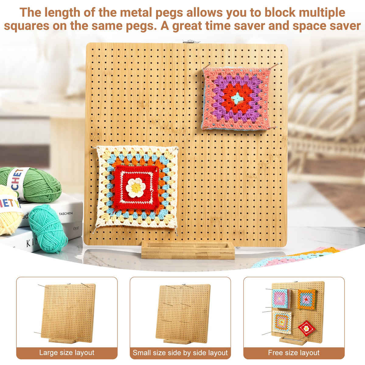 Aulin 15.5"" x 15.5"" Foldable Crochet Blocking Board with Pegs | 35 Stainless Steel Rod Pins - Upgrade Large Blocking Boards for Crochet Projects, Gifts for Crocheters, Mothers, Grandmothers