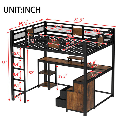 Bellemave Queen Loft Bed with Desk and Fabric Drawer, Metal Queen Size Loft Bed Frame with guardrail and Ladder for Adults, Kids, Teens, Black