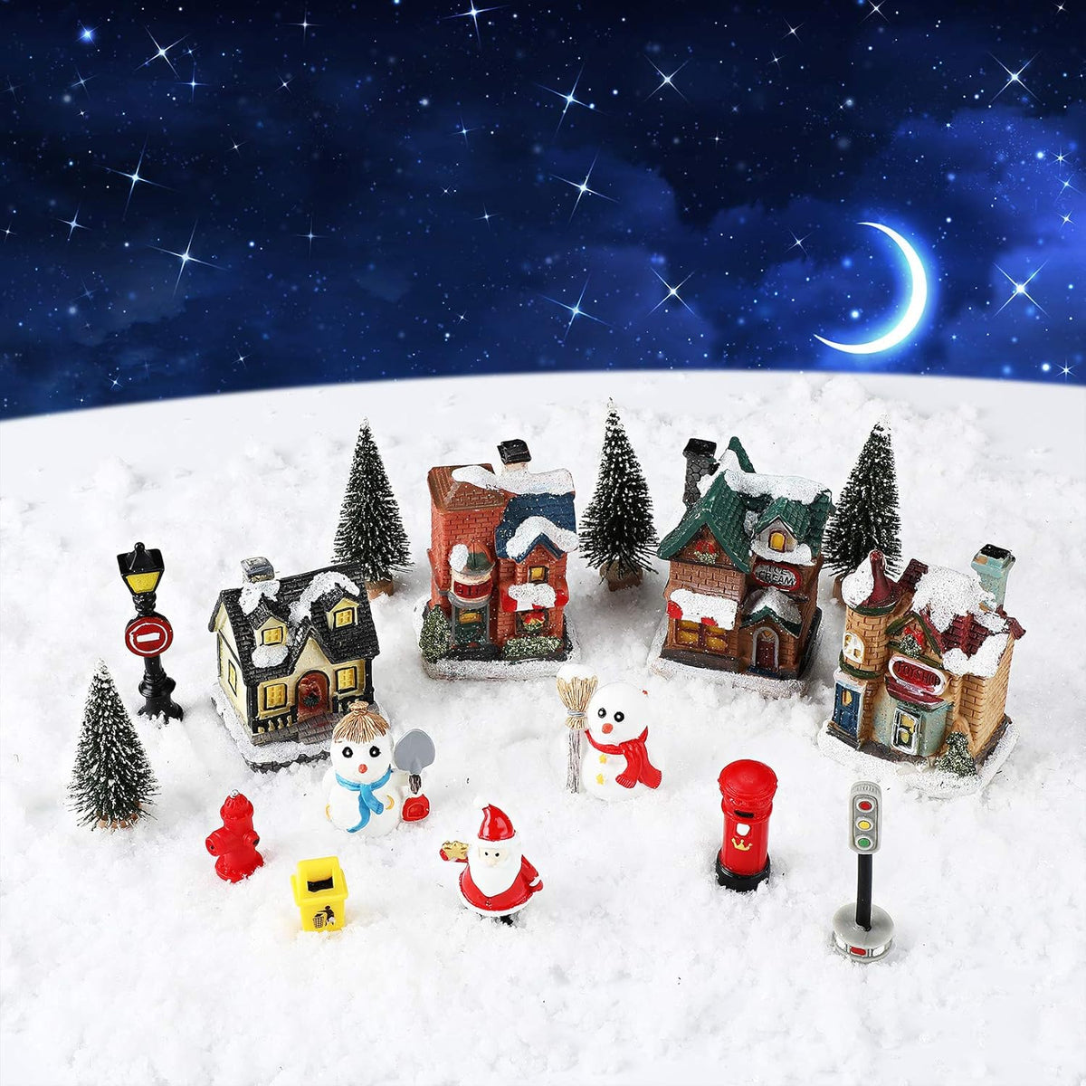 Skiennix 16-Piece Christmas Village Houses Set - LED Light-Up Figurines & Mini Accessories for Festive Decor