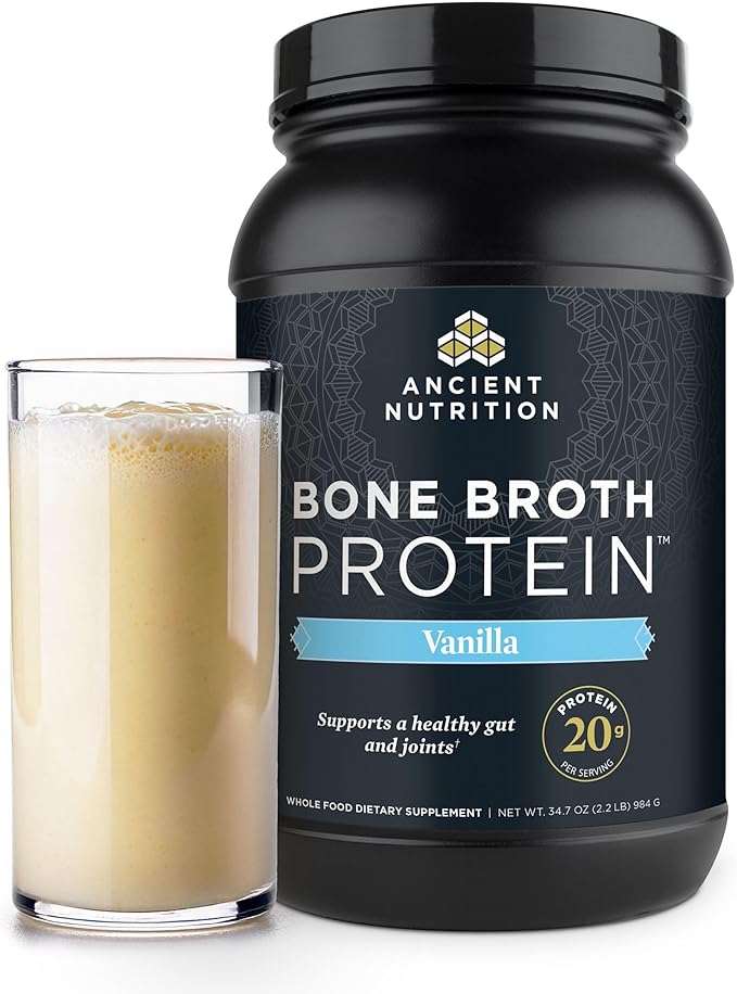 Ancient Nutrition Grass Fed, Bone Broth Protein Powder, 20g Protein, Hydrolyzed Collagen Peptides, Keto & Paleo Friendly, Supports Joint, Gut Health, Vanilla, 40 Servings