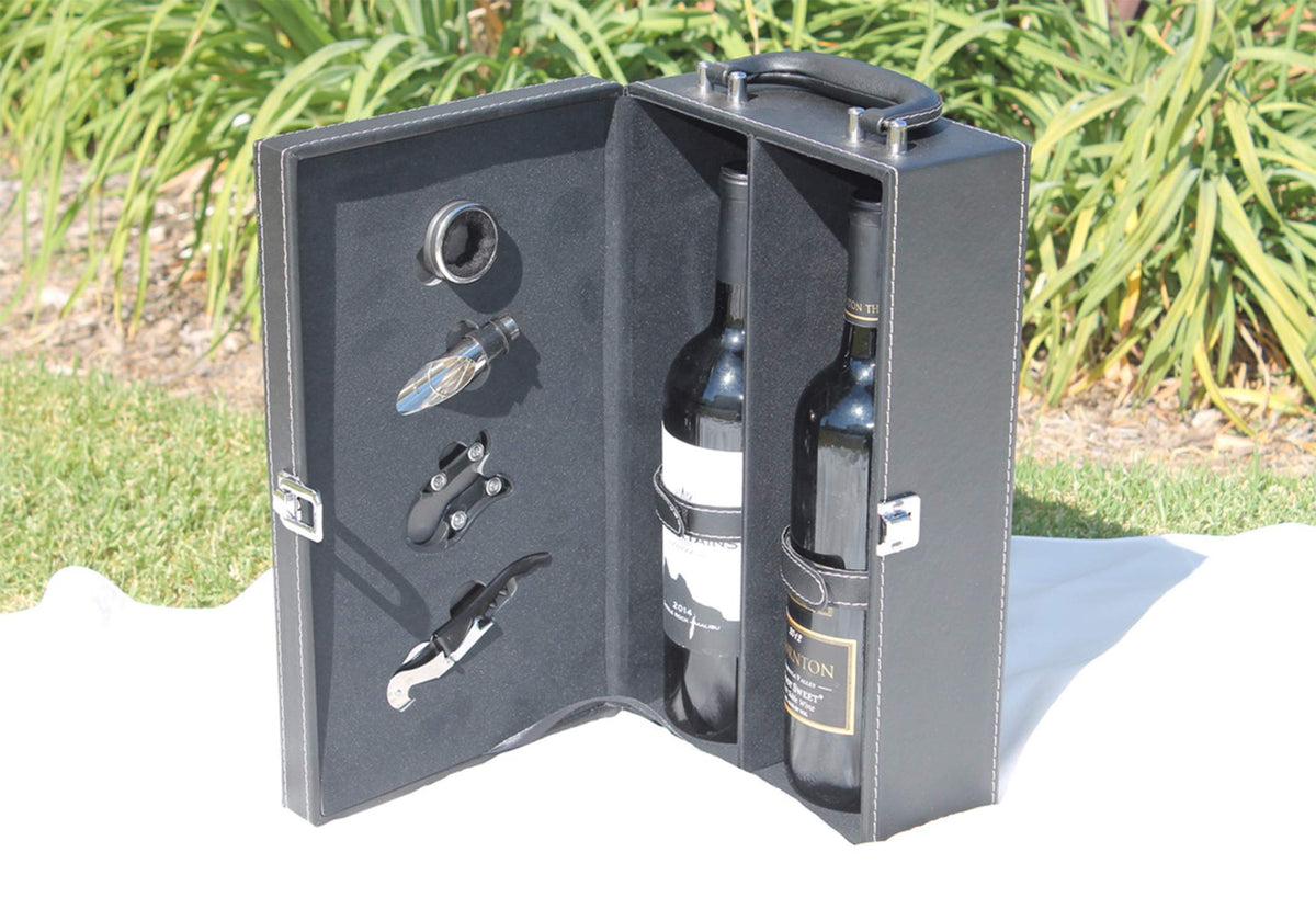 Digilant Lifestyle Top Handle Travel Two-Bottle Wine Carrier Case with 4 Piece Wine Accessory Set (Brown)