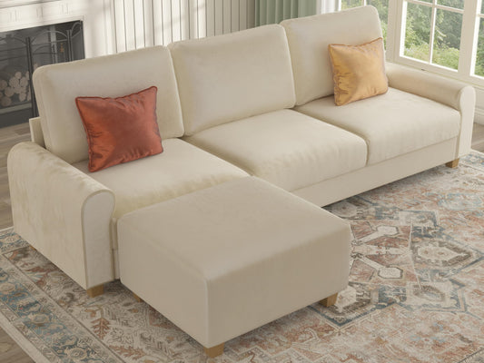 EASE MOOSE Large Seat Velvet L-Shaped Sofa, Soft 4 Seat Couch with Reversible Chaise, Comfy Sectional Modular Sofa with Removable Washable Covers for Living Room and Small Space, Beige