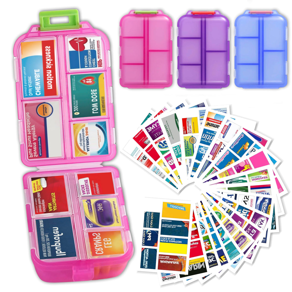 iouwei Large Pill Organizer with Medicine Labels, Travel Daily Pill Container, Mini Medication Organizer, 7-Day Pill Case, Set of 3 (Blue+Pink+Purple)