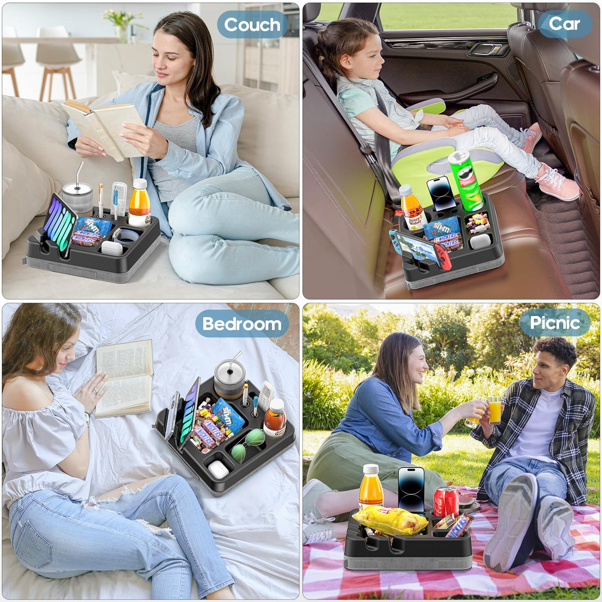 Couch Cup Holder Tray Couch Cup Holder Pillow Bed Tray Snack Sofa Bed Caddy Organizer Beach Sofa Drink Holder Anti-Spill Portable Snack Caddy Couch Remote Holder for Phone Pad Kindle Beverage Black