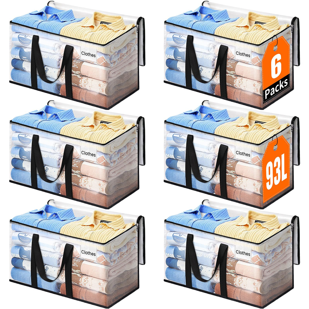 EpicTotes Extra Large Heavy Duty Moving Bags, Storage Bags with Strong Zippers & Handles, Packing Bags for Moving Essentials, Ideal Storage Tote for Home, Dorm & Storage Solutions, 93L, 6 Packs, Clear