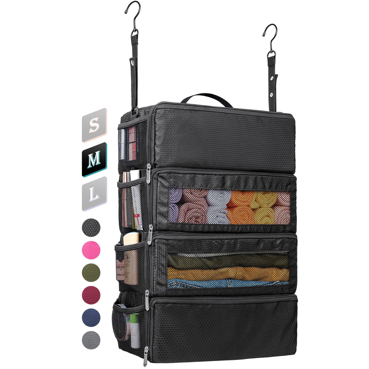Vokelater Suitcase Organizer - Travel Luggage Organizer with Hanging Shelves & Packing Cubes - Collapsible, Portable, Carry-on, Medium, Black