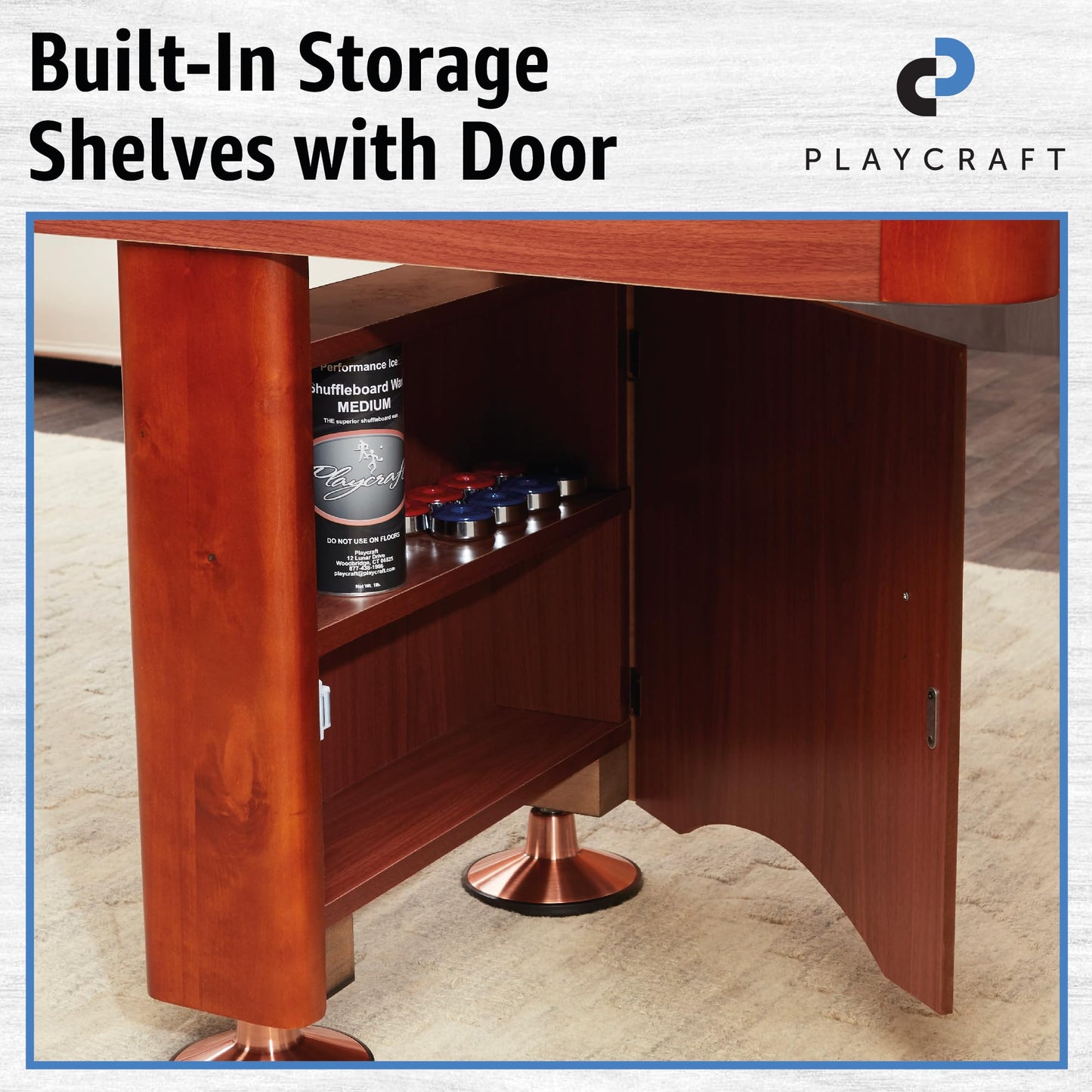 Playcraft Woodbridge Shuffleboard Table with Storage Cabinet - Shuffle Board Game Table Set with Matching Abacus, 8 Pucks, Brush & Wax (Made in USA) - Pro Style Climate Adjusters - Cherry - 16ft