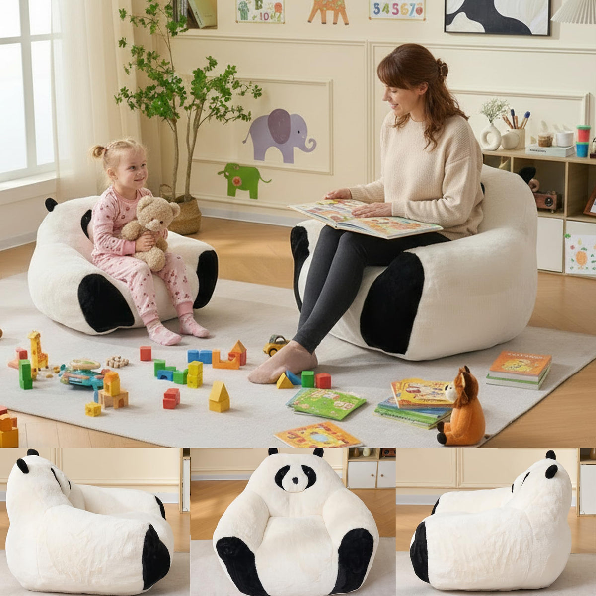 Giant Bean Bag Chair for Adults Kids, 2 PCS Large Bean Chairs with Filler, Panda Design Floor Chairs, Plush Lazy Sofa with Faux Rabbit Fur Cover, Faux Fur Cover, Adult Bean Bag Couches for Bedroom