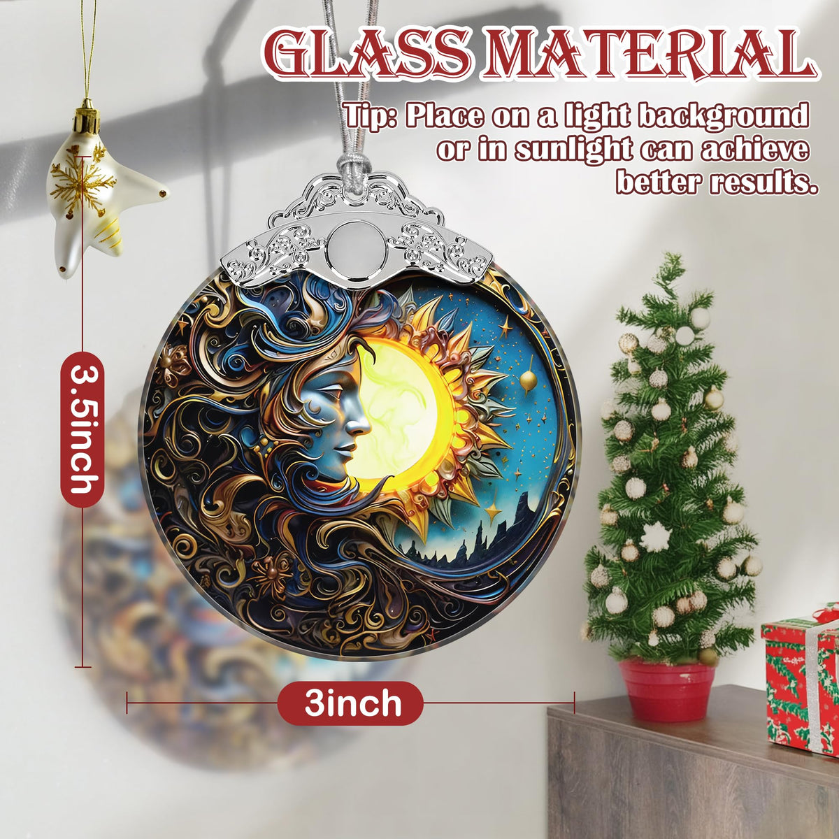 Sun Moon Stained Glass Hanging Ornament - Christmas Tree Decoration Idea