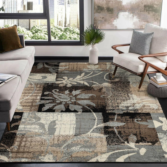 Superior Indoor Area Rug, Jute Backed, Perfect for Office, Living/Dining Room, Bedroom, Kitchen, Hallway, Entryway, Floor, Modern Floral Patchwork Decor, Pastiche Collection, 8' x 10', Beige