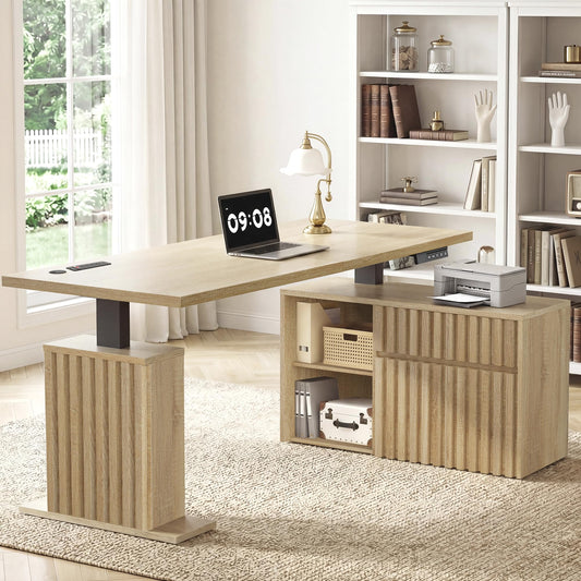 Homiflex 67" L Shaped Standing Desk with Drawers, Electric Height Adjustable Corner Desk, Sit Stand Office Desk with 4 AC Outlets & Type C Port, Executive Computer Desk with Cabinet, Brown & White