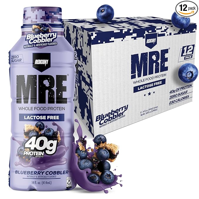REDCON1 MRE Ready to Drink Protein Shake, Blueberry Cobbler - Lactose + Whey Free RTD 40gr Protein Made with Real Whole Food Protein Blends - Keto-Friendly, Easy to Digest Nutritional Shake (12 Pack)