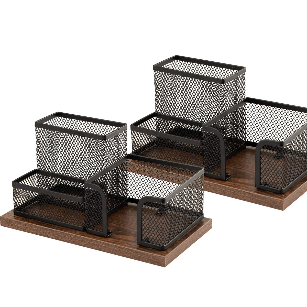 ASIFMTHOT Antique Wood & Mesh Pen Holder Office Supplies Caddy, Storage Baskets for Desktop Accessorieswith Sticky Notes Holder,3 Compartments(2 Pack Black)