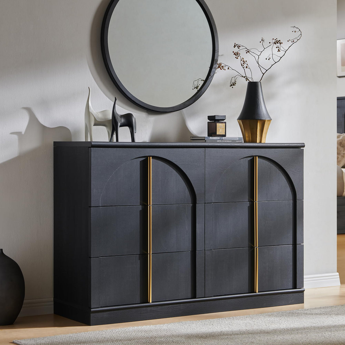 ACCOHOHO Arched Dresser for Bedroom with 6 Drawers, 47.3" Wide Modern Chest of Drawers with Rounded Edge & Metal Handles, Wood Storage Closet Dressers TV Stand for Living Room, Hallway, Black