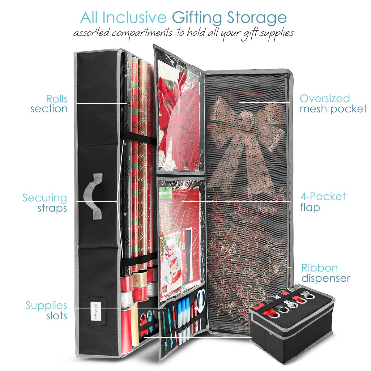 Hearth & Harbor Wrapping Paper Storage Container with Ribbon Storage Organizer - Christmas Storage Bag with Extra Interior Pockets - Gift Wrapping Organizer Storage Fits Up to 26 Rolls of 40" Length