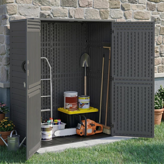 EHHLY Vertical Resin Storage Shed, 60 Cuft Garden Tool Sheds & Outdoor Storage, Plastic Outdoor Storage Cabinet Waterproof, 4.5 x 2.3 ft Backyard Outside Lawn Mower Storage Shed, Grey
