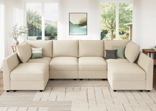 HONBAY Modular Sectional Sofa Couch with Storage, Modern U Shaped Sectional Sofa, Convertible Sectional Couch for Living Room - Beige