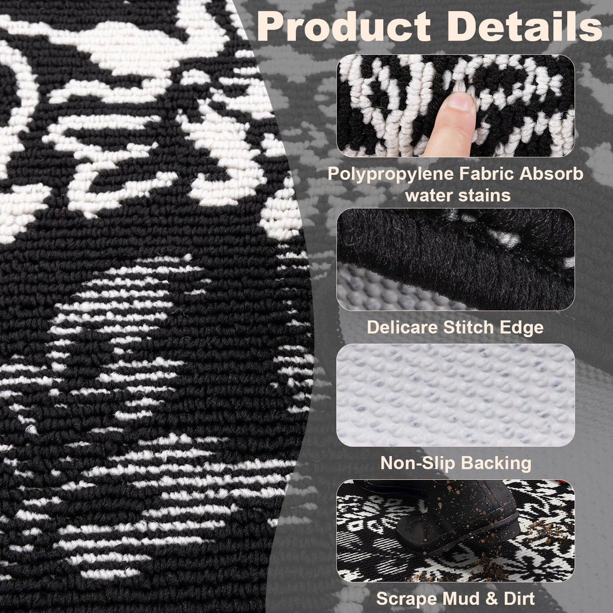 LOKHOM Boho Kitchen Rugs Sets of 3-Non Slip Stain Resistant Kitchen Mats for Floor, Paisley Floral Runner Carpet for Hallways Entryway Laundry Washable (Black & White 20"x32"+20"x48"+20"x59")
