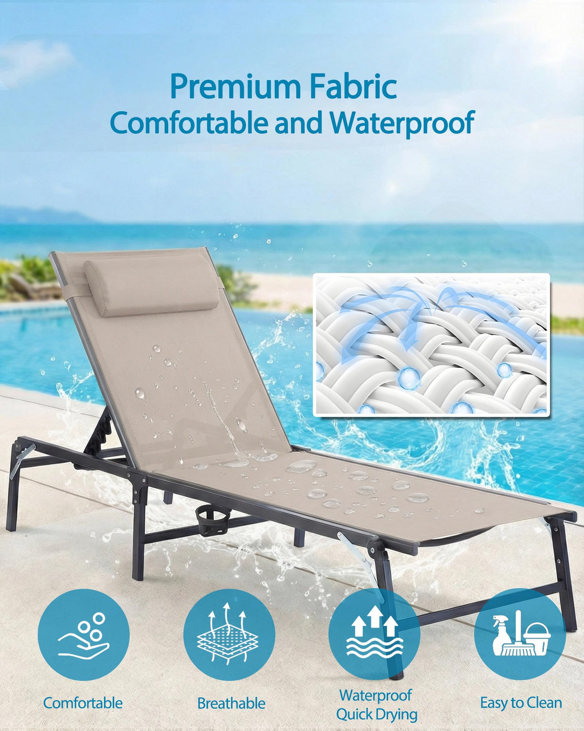 2 Pack Foldable Chaise Lounge Chair with Cup Holder, Assemble-Free Outdoor Lounge Chair with Detachable Pillow and 6 Adjustable Backrest, Patio Lounge Chair for Outside Poolside Beach Pool, Khaki