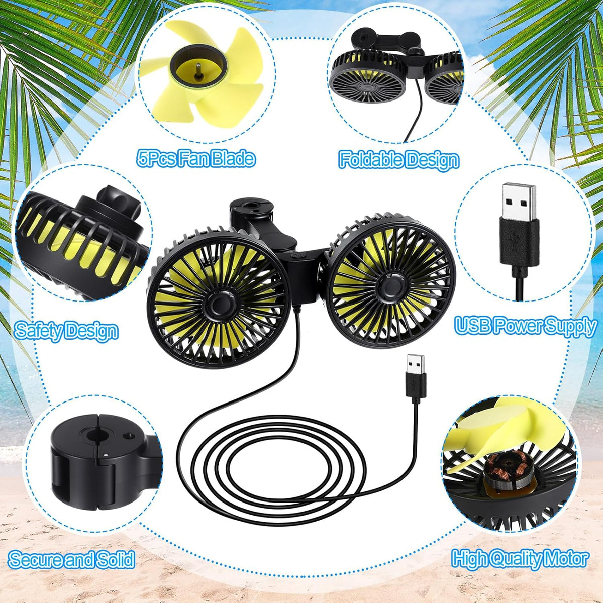 Tujoe 2 12v 360 Pcs Dual Car Seat Fans for Portable USB Backseat Cooling Headrest Degree Rotatable Fan Powerful