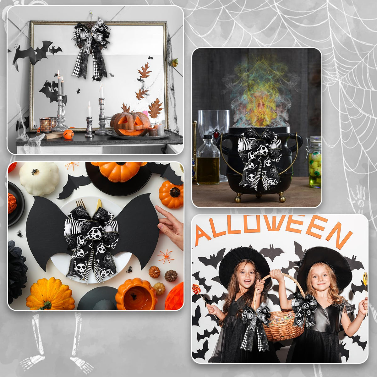 JarThenaAMCS 5 Roll Halloween Wired Edge Ribbon - 2.5 Inch, 30 Yards Ghost Skeleton Spider Web - White & Black Spooky Gift Wrap Ribbon for Bow, Wreath, Craft & Party Decor