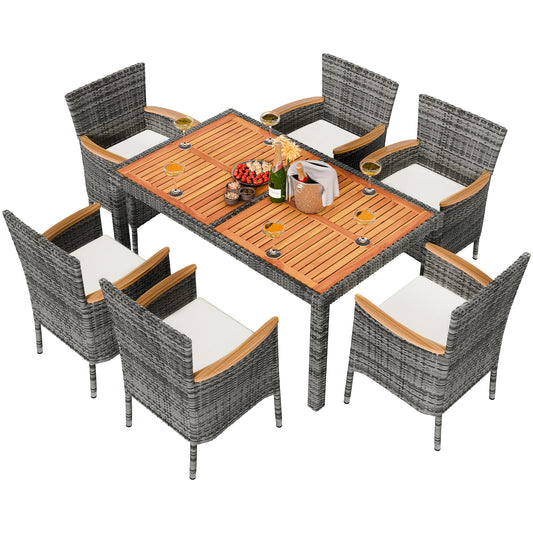 Shintenchi 7 Piece Patio Dining Set, Wicker Patio Conversation Set with Wooden Table Top, Outdoor Table and Chairs with Soft Cushions for Backyard, Deck and Garden, Grey Wicker