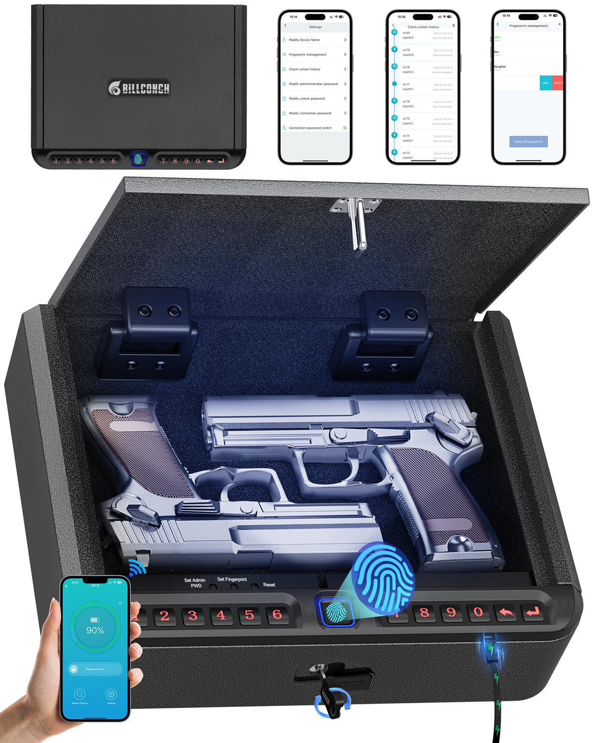 BILLCONCH Gun Safe for Handgun - Biometric Gun Safe 4 Ways Quick Access with Fingerprint/Full-digital Keypad/Key/APP Lock Handgun Pistol Safe for Nightstand Bedside Home