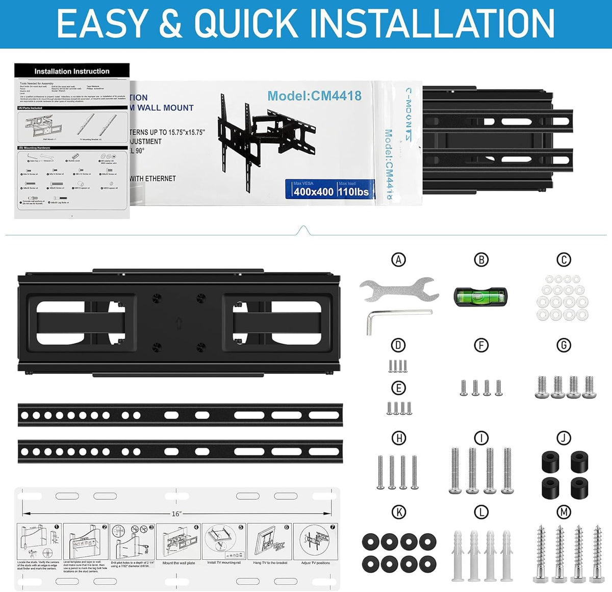 C-MOUNTS 26 65 Inch 400X400 110lbs,Fits 16" Full Motion TV Wall Mount Bracket with Articulating Dual Arm Swivel