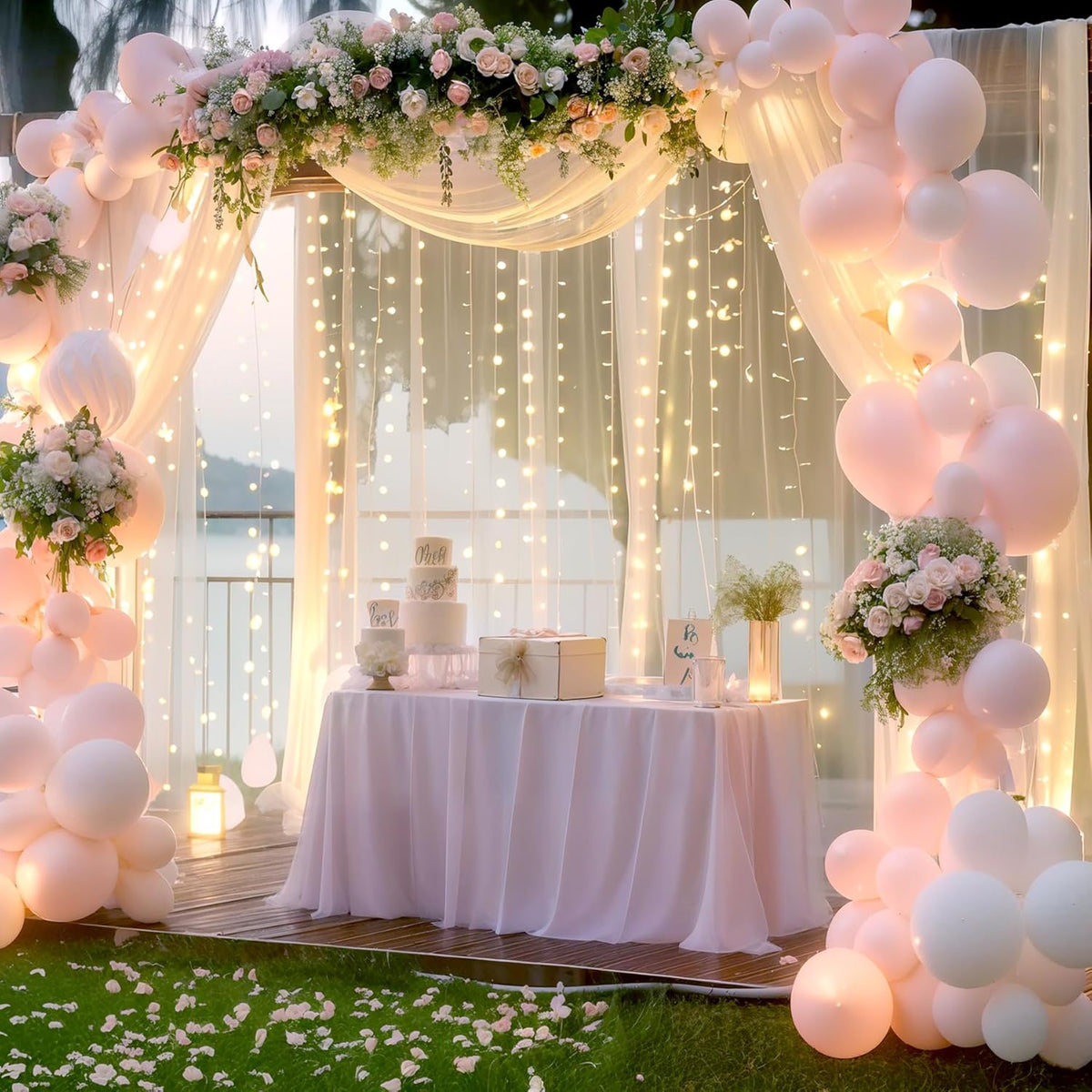 Suppromo 10ft 10ft x Ivory Tulle Photo Backdrop Curtain with Lights String for Parties Wedding Sheer Ivory Curtain